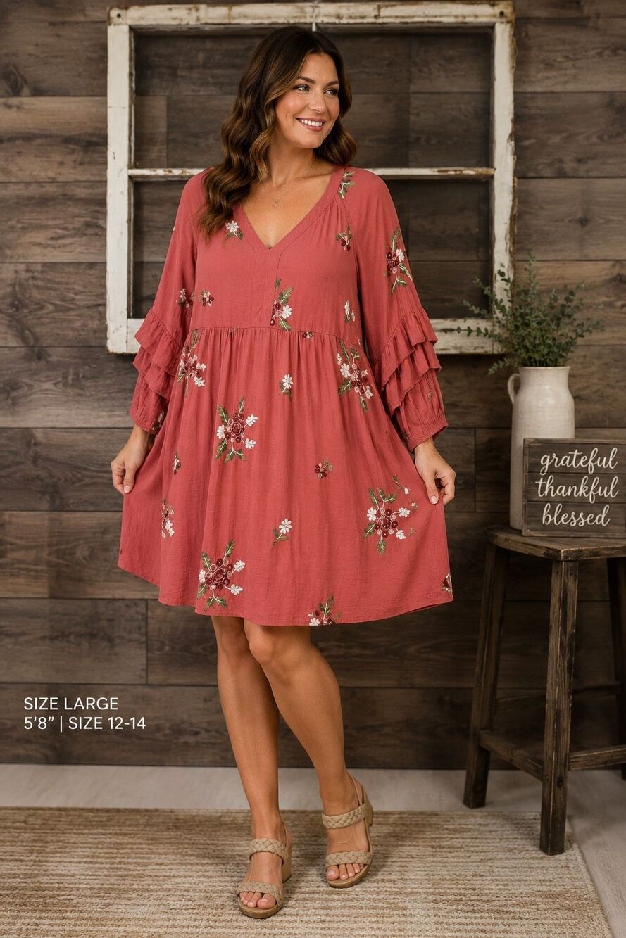 Figueroa & Flower Size Large Floral Embroidered V-Neck Ruffle Sleeve Boho Dress